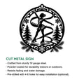 Cut metal ice skating sign showing a figure skater framed by snowflakes and evergreen trees