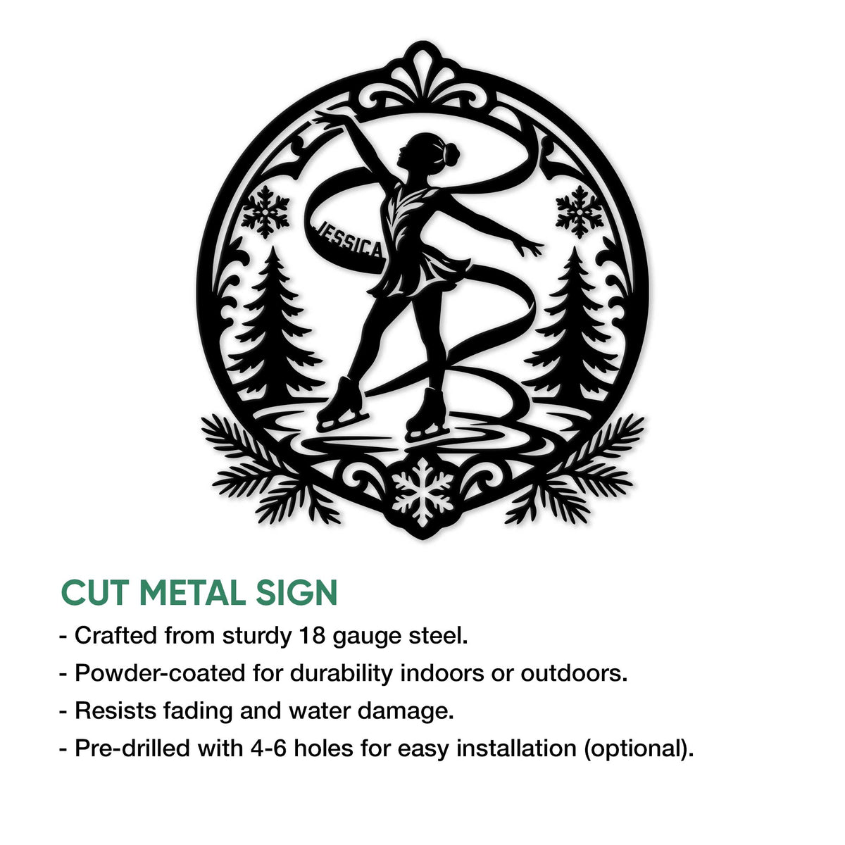 Cut metal ice skating sign showing a figure skater framed by snowflakes and evergreen trees