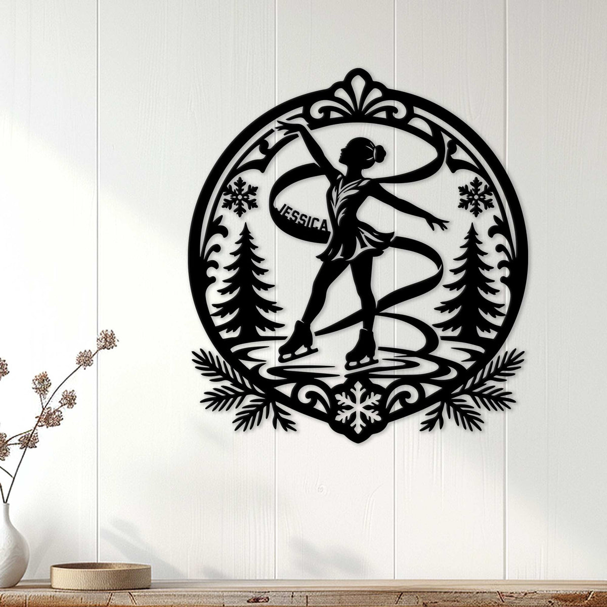 Ice skating wall decor displayed on a white paneled wall in a bright home setting