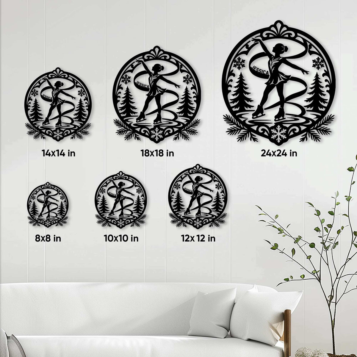Ice skating metal sign size guide showing available 8x8, 10x10, 12x12, 14x14, 18x18, and 24x24 inch options