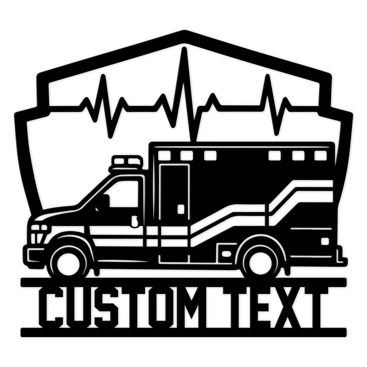 Black ambulance metal sign featuring a heartbeat line and bold emergency medical services design