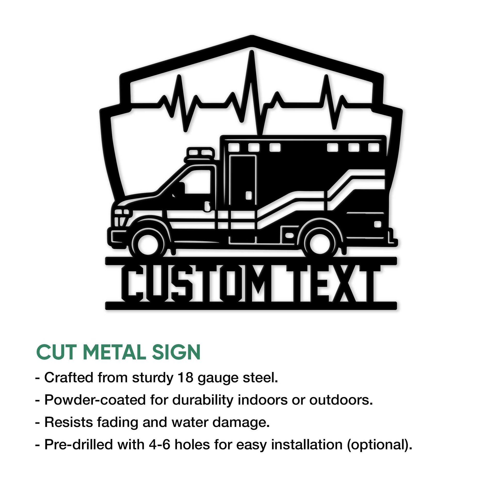 Ambulance metal sign feature graphic showing a detailed emergency vehicle and heartbeat outline