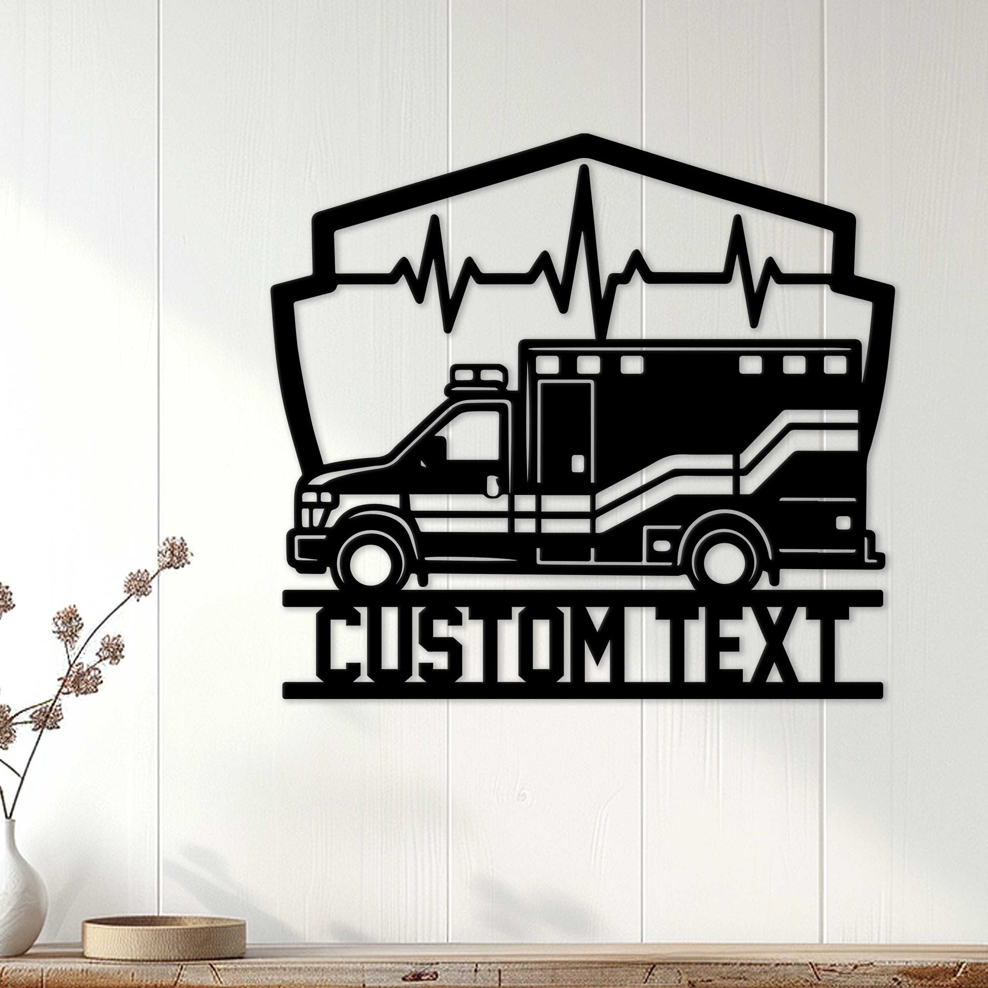 Ambulance wall sign displayed on white paneling as distinctive EMS-inspired home decor