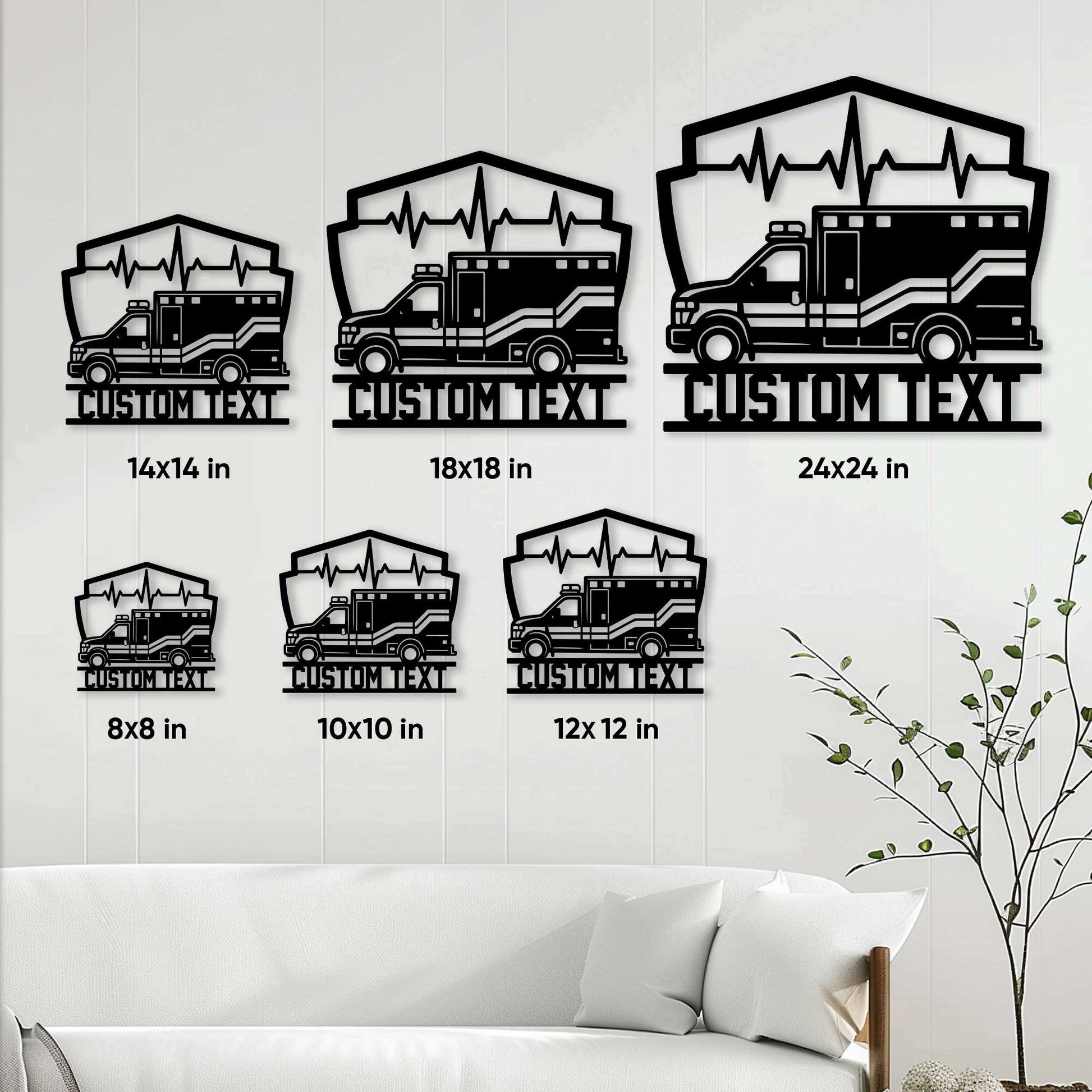 Ambulance metal sign size guide displaying several available square sign sizes in a room setting