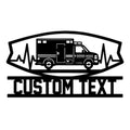 Custom ambulance metal sign featuring a detailed emergency vehicle and bold heartbeat line design