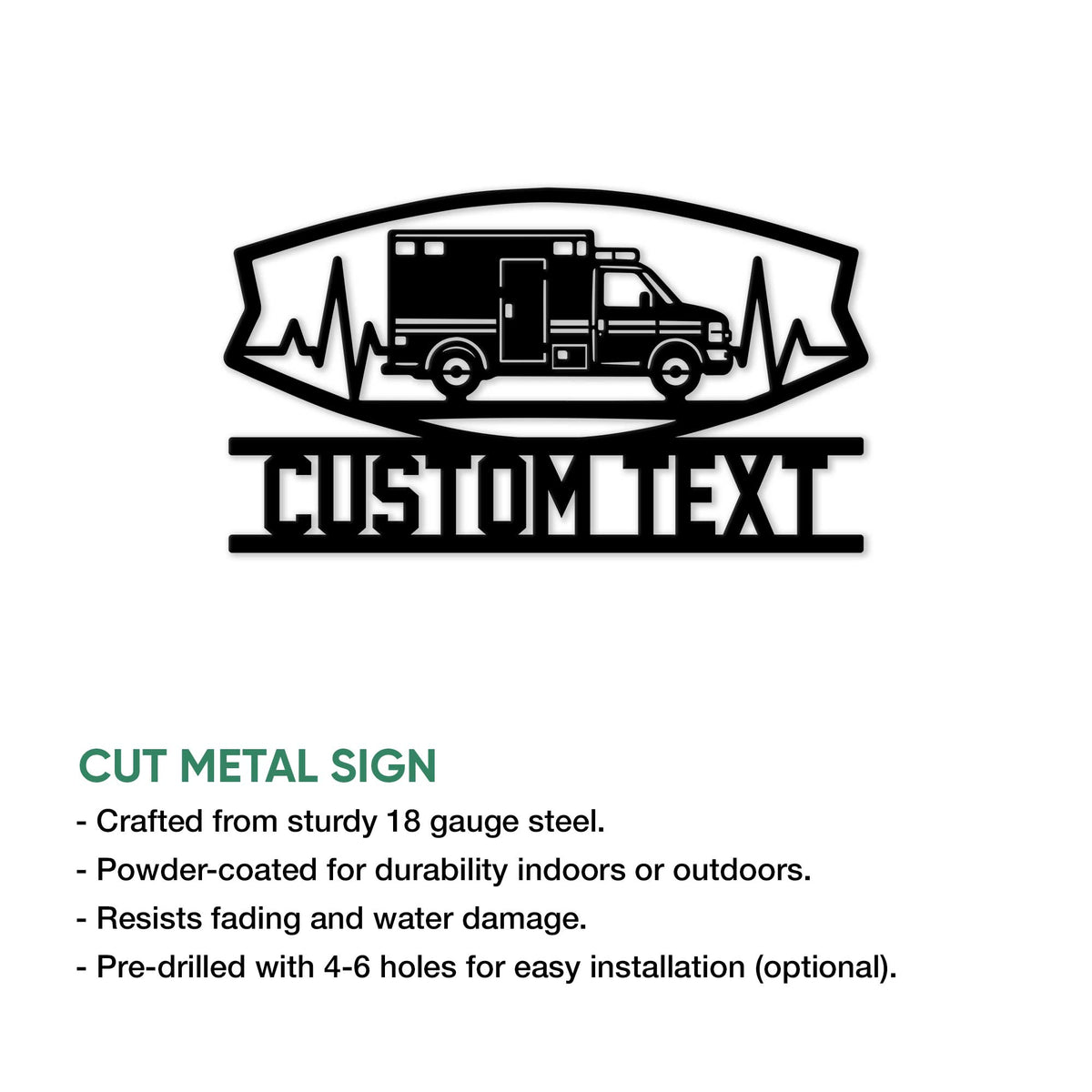 Ambulance metal sign with emergency vehicle and ECG heartbeat artwork, shown with product feature information