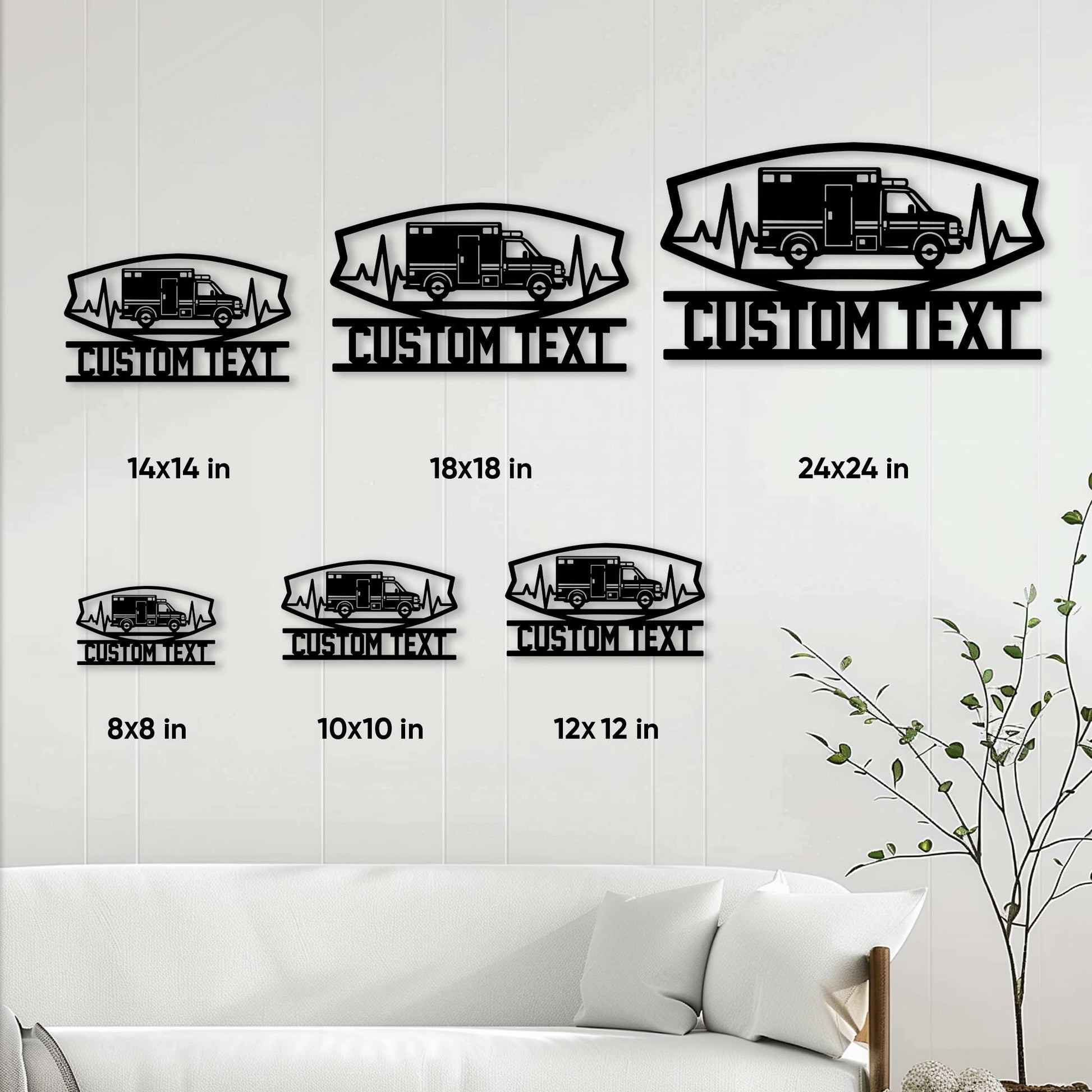 Ambulance metal sign size guide showing available square sizes from 8 by 8 inches to 24 by 24 inches