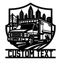 Black ambulance metal sign featuring a city skyline, bridge silhouette, and bold emergency vehicle artwork