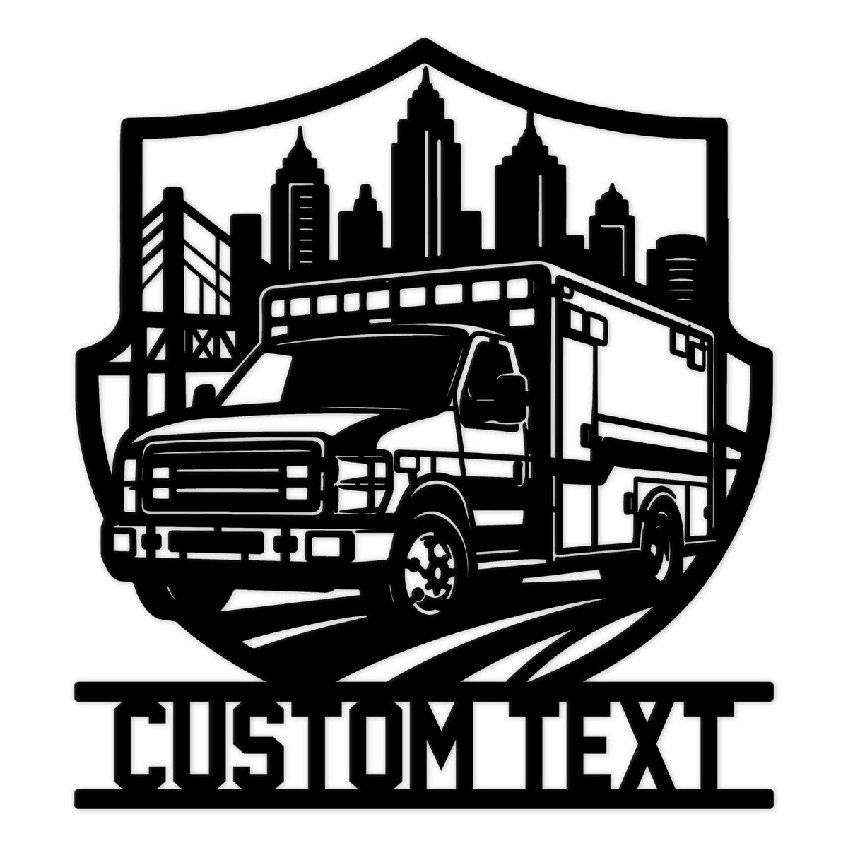 Black ambulance metal sign featuring a city skyline, bridge silhouette, and bold emergency vehicle artwork