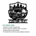 Ambulance metal sign product infographic showing the cut steel design and indoor or outdoor display details