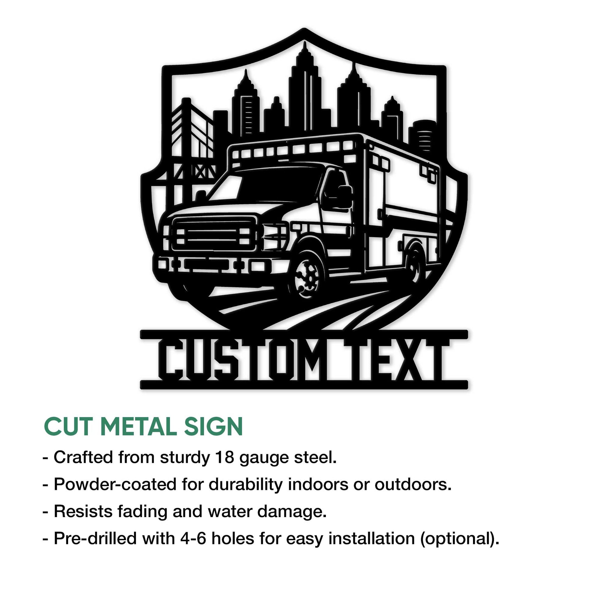 Ambulance metal sign product infographic showing the cut steel design and indoor or outdoor display details