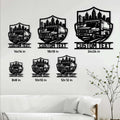 Ambulance metal sign size guide showing six available square sizes in a living room setting