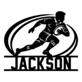 Rugby player silhouette metal sign showing an athlete running with the ball inside a sweeping oval