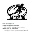 Rugby metal sign feature graphic showing a running player silhouette and cut metal sign details