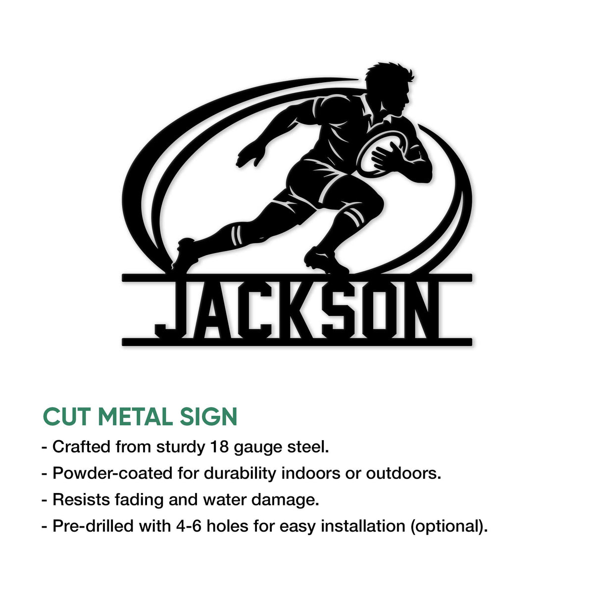 Rugby metal sign feature graphic showing a running player silhouette and cut metal sign details