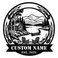 Custom lake house metal sign featuring a mountain lake, cabin, canoe, pine trees, and Adirondack chairs