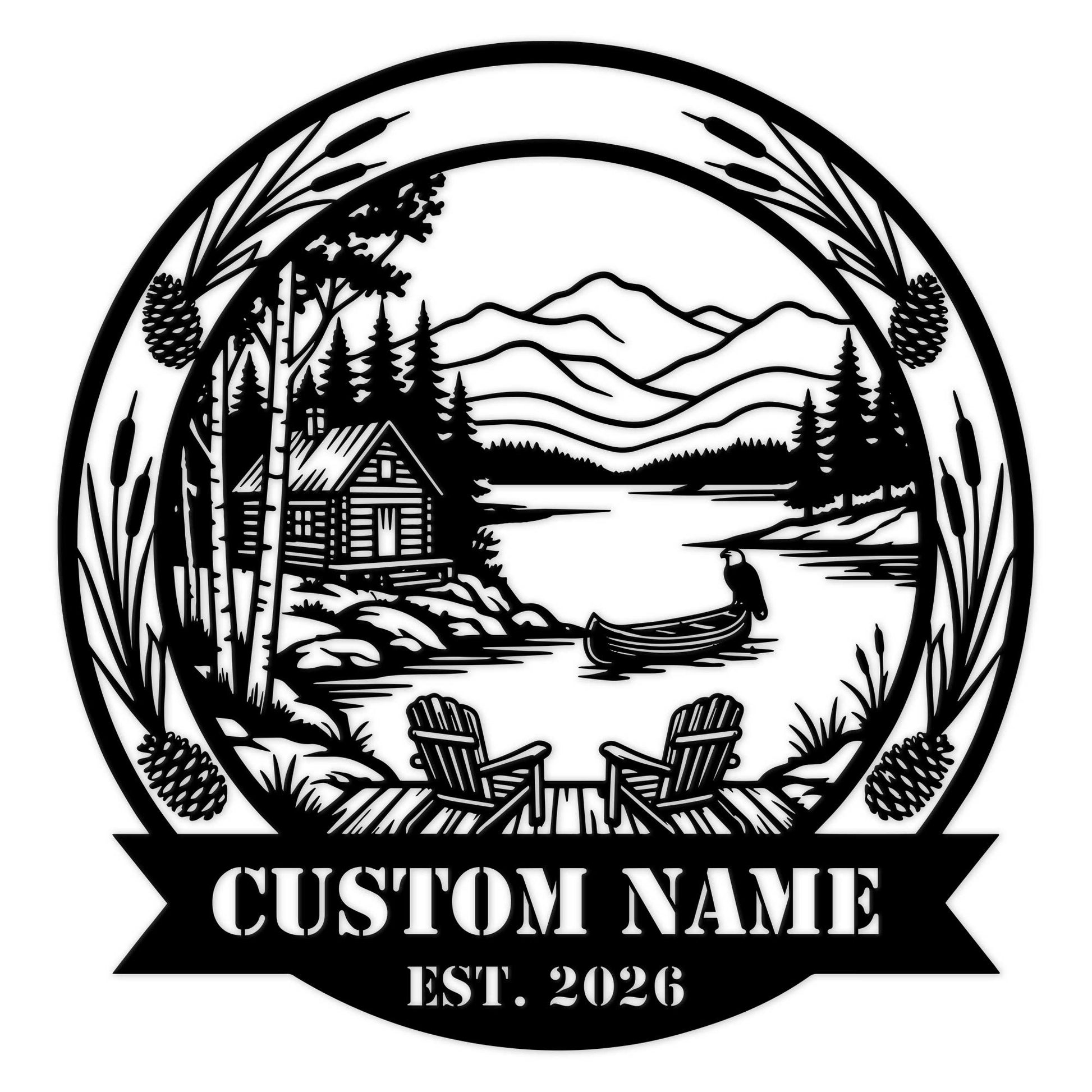 Custom lake house metal sign featuring a mountain lake, cabin, canoe, pine trees, and Adirondack chairs