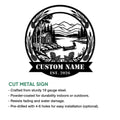 Lake house metal sign product infographic highlighting cut-metal construction and installation features