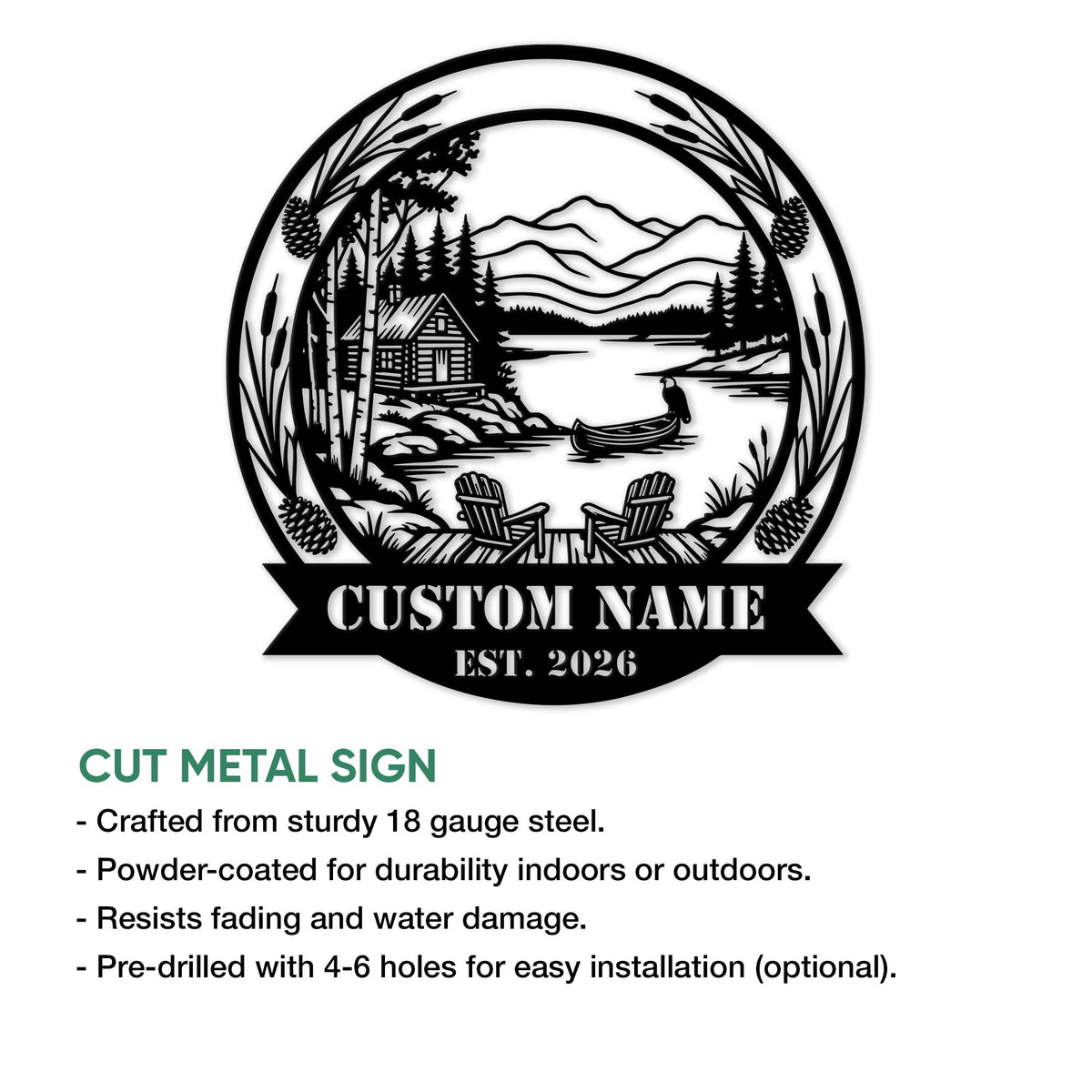 Lake house metal sign product infographic highlighting cut-metal construction and installation features