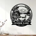 Custom lake cabin metal sign displayed on a white wood wall in a cozy home setting
