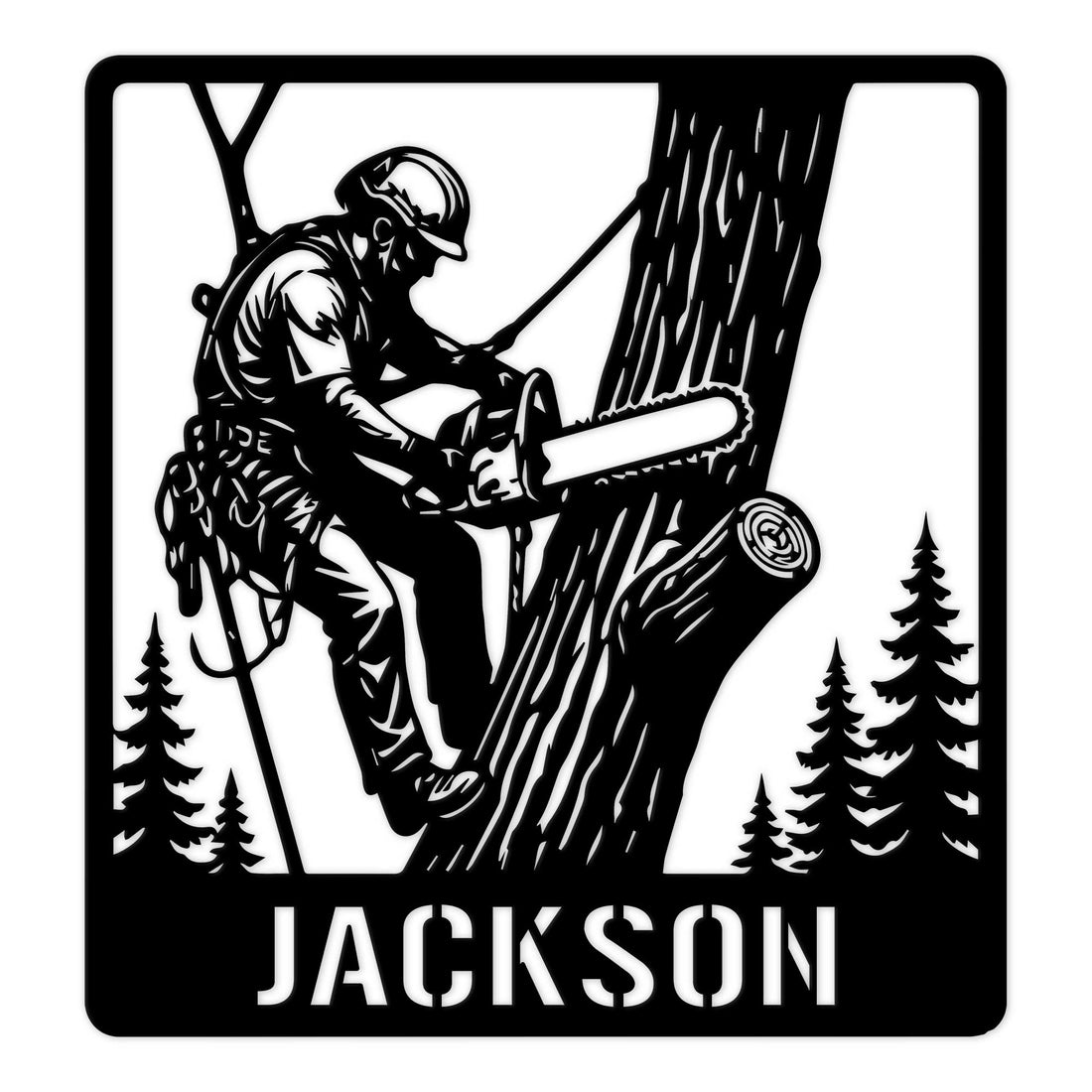 Custom arborist metal sign featuring a tree climber using a chainsaw among evergreen trees