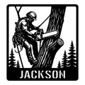 Custom arborist metal sign featuring a tree climber using a chainsaw among evergreen trees