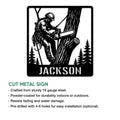 Arborist metal sign shown with a tree climber, chainsaw, forest scene, and cut-metal sign details