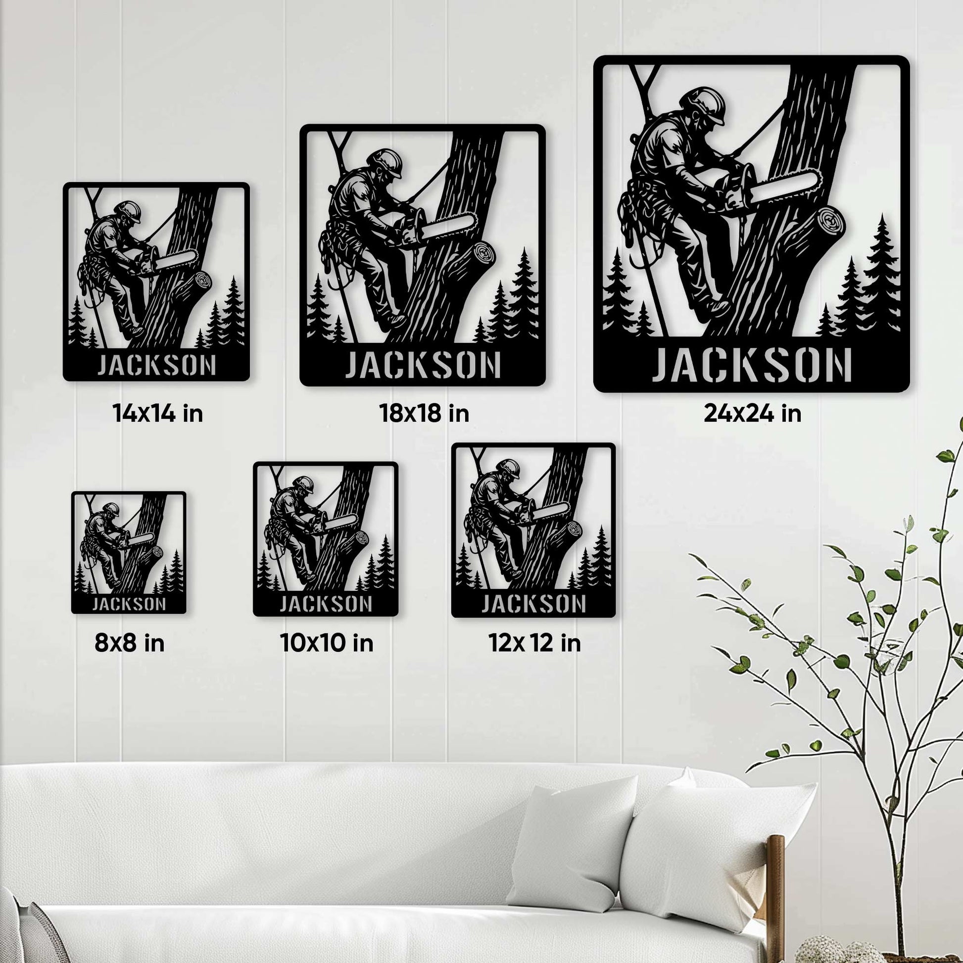 Arborist metal sign size guide showing six square size options from 8 by 8 to 24 by 24 inches