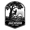 Arborist metal sign featuring a tree climber silhouette, leafy tree, mountain landscape, and rising sun
