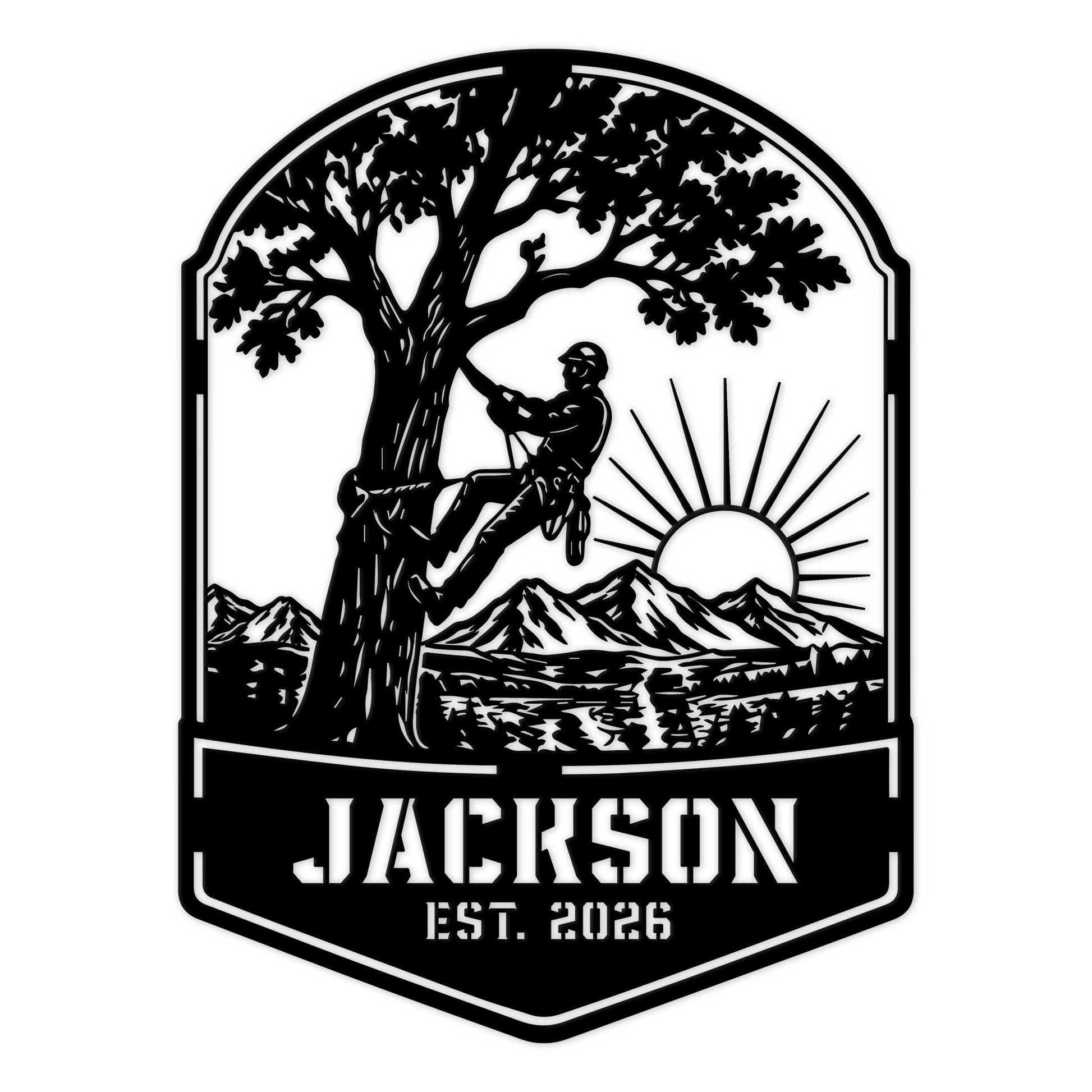 Arborist metal sign featuring a tree climber silhouette, leafy tree, mountain landscape, and rising sun