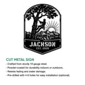 Arborist metal sign feature graphic showing the tree climber artwork and cut-metal sign presentation