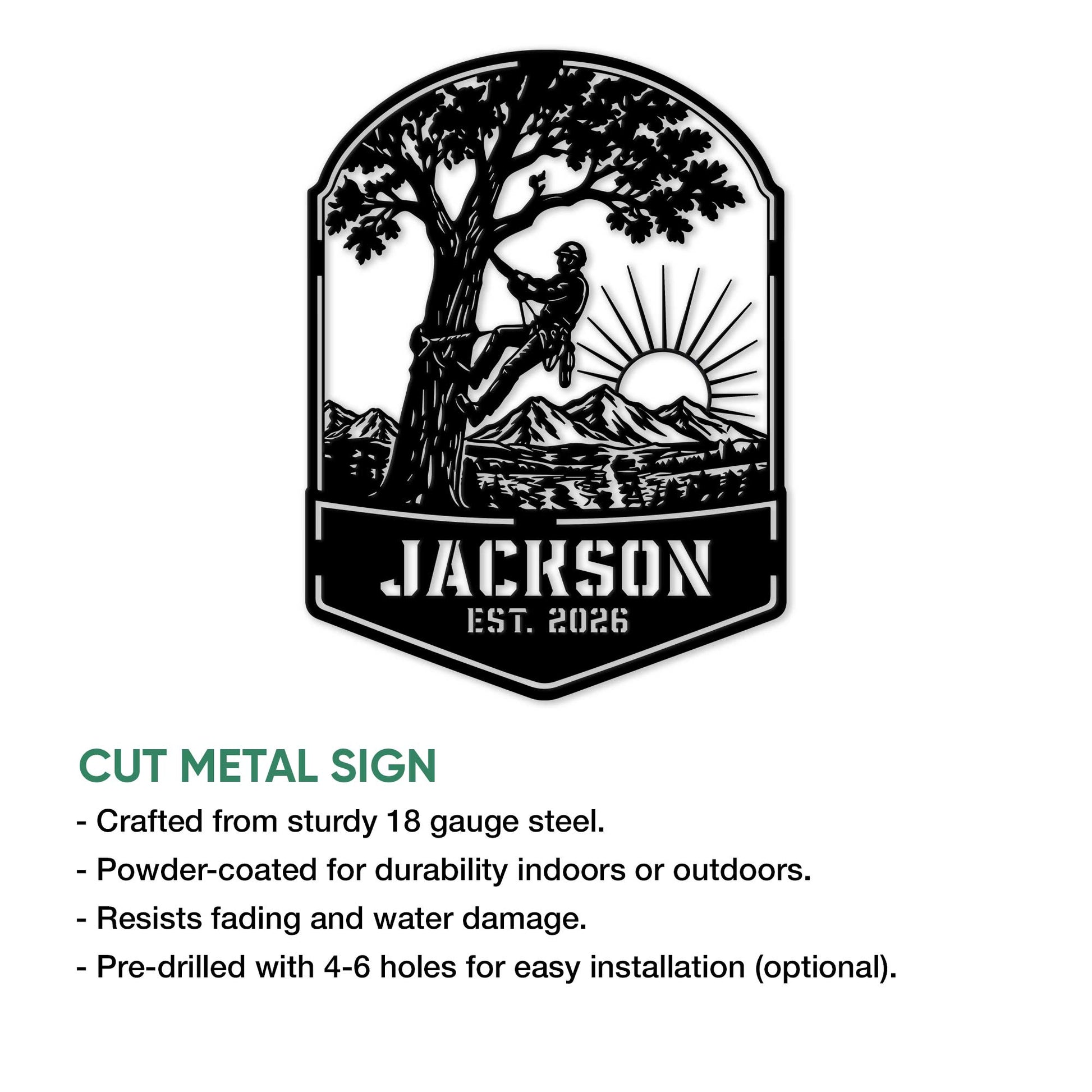 Arborist metal sign feature graphic showing the tree climber artwork and cut-metal sign presentation