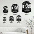 Arborist metal sign size guide displaying several sign sizes in a bright living room setting