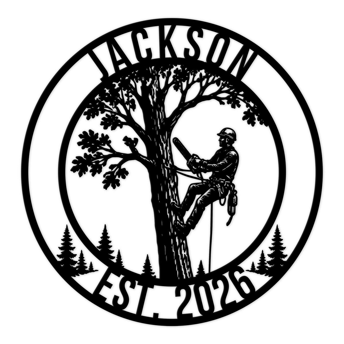 Circular arborist metal sign featuring a tree climber using a chainsaw among forest trees