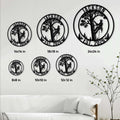 Arborist metal sign size guide showing circular options from 8 by 8 to 24 by 24 inches