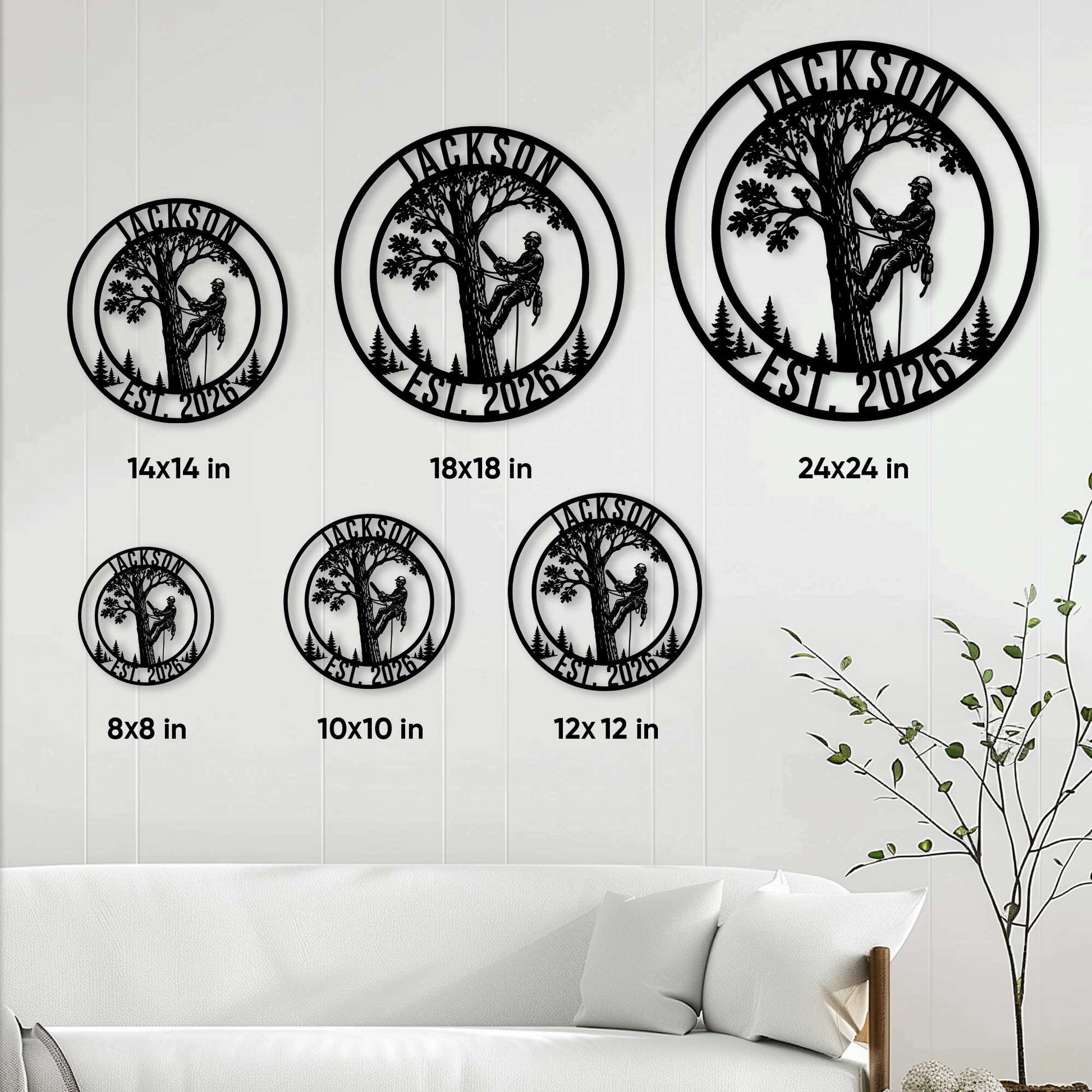 Arborist metal sign size guide showing circular options from 8 by 8 to 24 by 24 inches