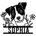 Custom Jack Russell metal sign featuring a cheerful dog portrait framed by flowers and leaves