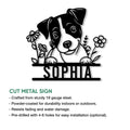 Jack Russell floral metal sign shown in a product feature graphic for indoor or outdoor display