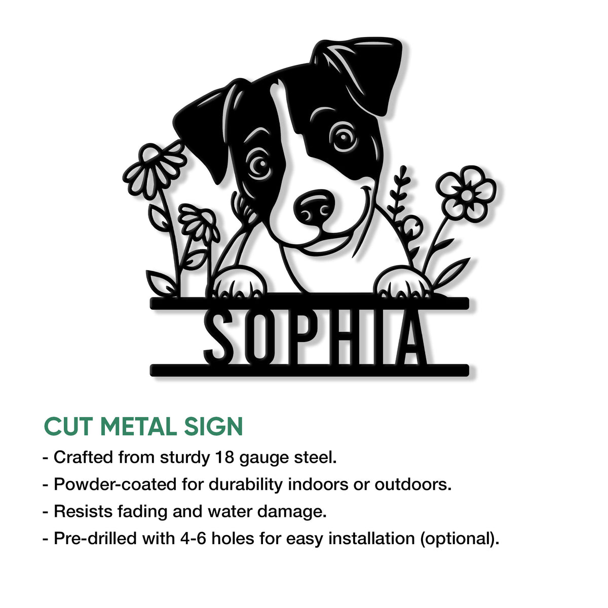 Jack Russell floral metal sign shown in a product feature graphic for indoor or outdoor display