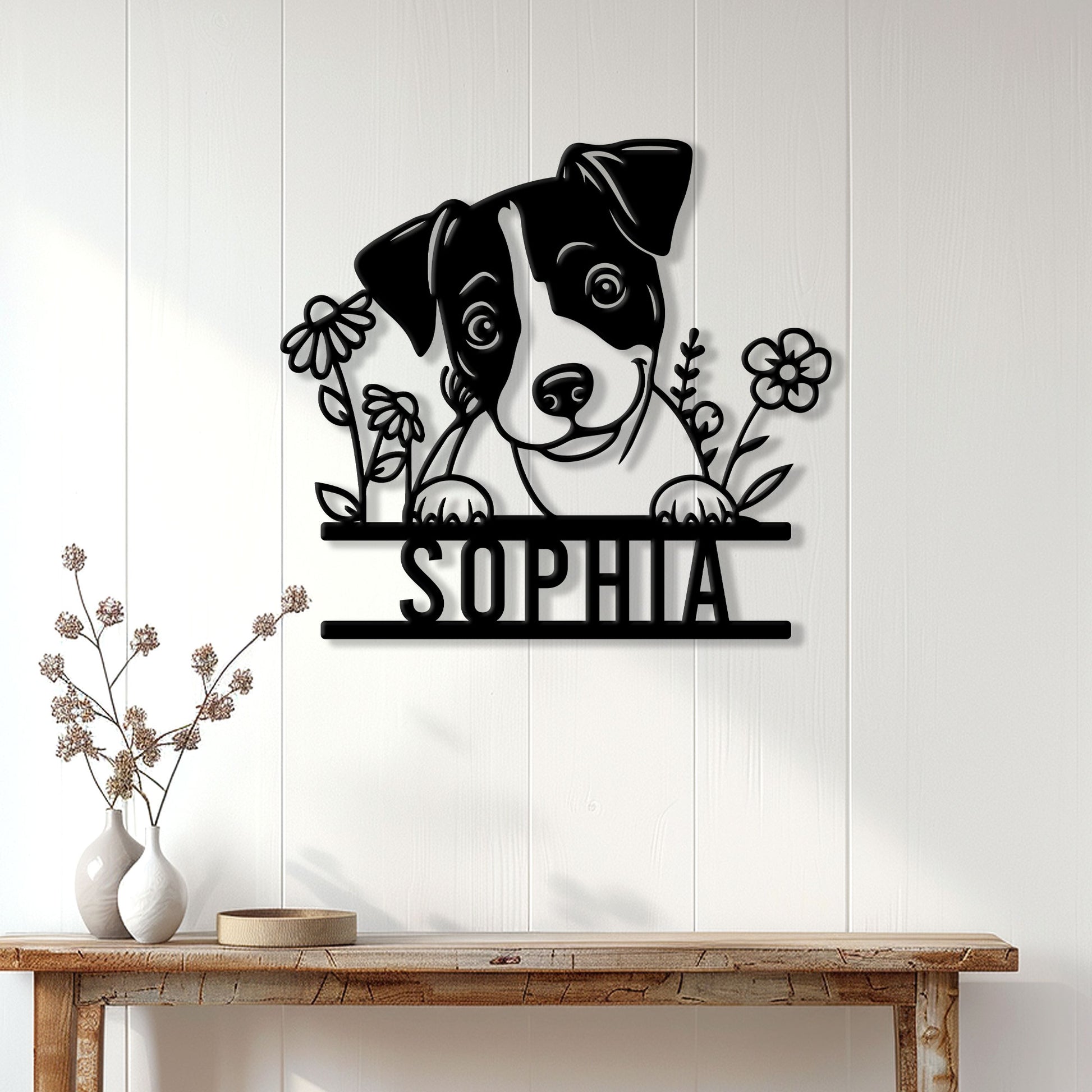 Jack Russell dog metal wall sign displayed on a bright entryway wall above a wooden console