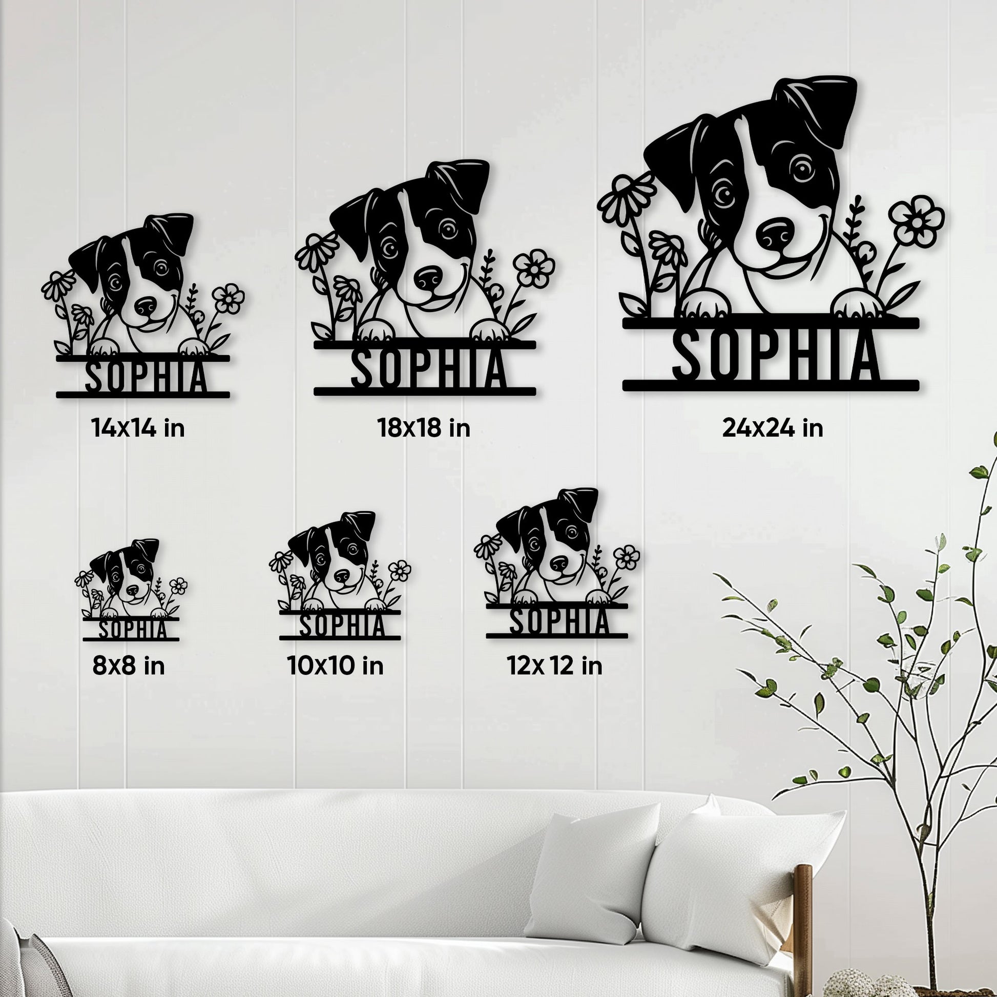 Jack Russell floral metal sign shown in multiple size options within a living room size guide
