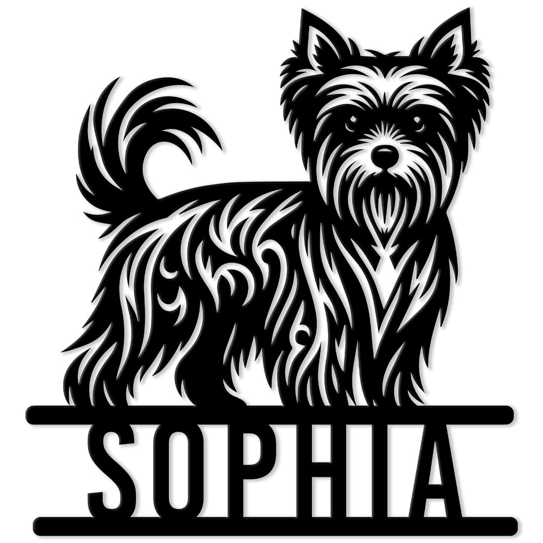 Black Yorkie metal sign featuring a detailed Yorkshire Terrier portrait with a curled tail and bold base