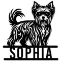 Black Yorkie metal sign featuring a detailed Yorkshire Terrier portrait with a curled tail and bold base
