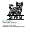 Yorkshire Terrier cut metal sign shown with product feature callouts and a detailed black dog silhouette