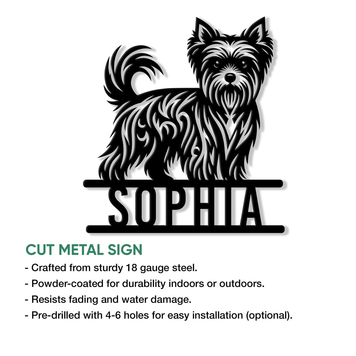 Yorkshire Terrier cut metal sign shown with product feature callouts and a detailed black dog silhouette