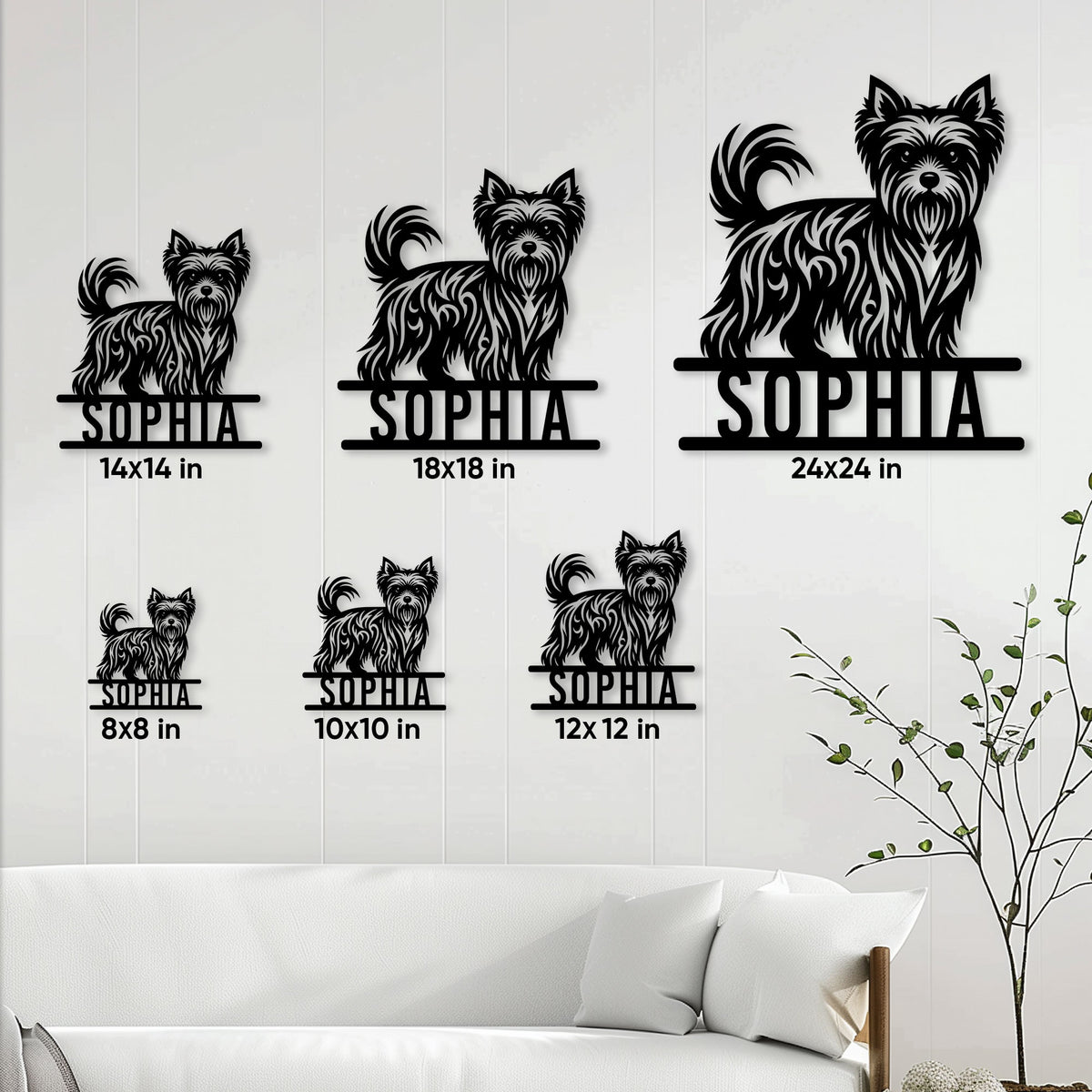 Yorkie metal sign size guide showing square options from 8 by 8 to 24 by 24 inches