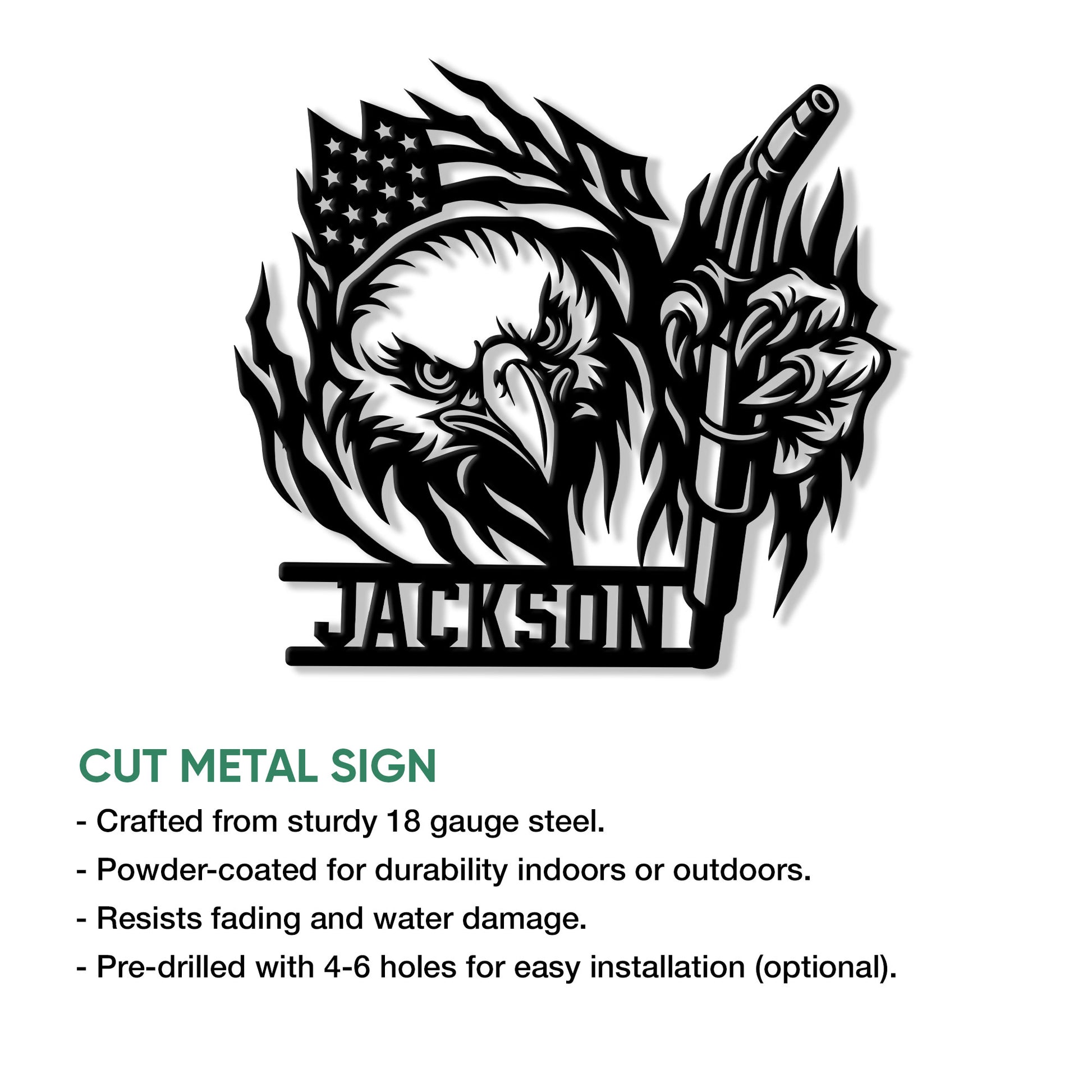 Cut metal welder sign shown with a bald eagle and welding torch in a patriotic wall art design