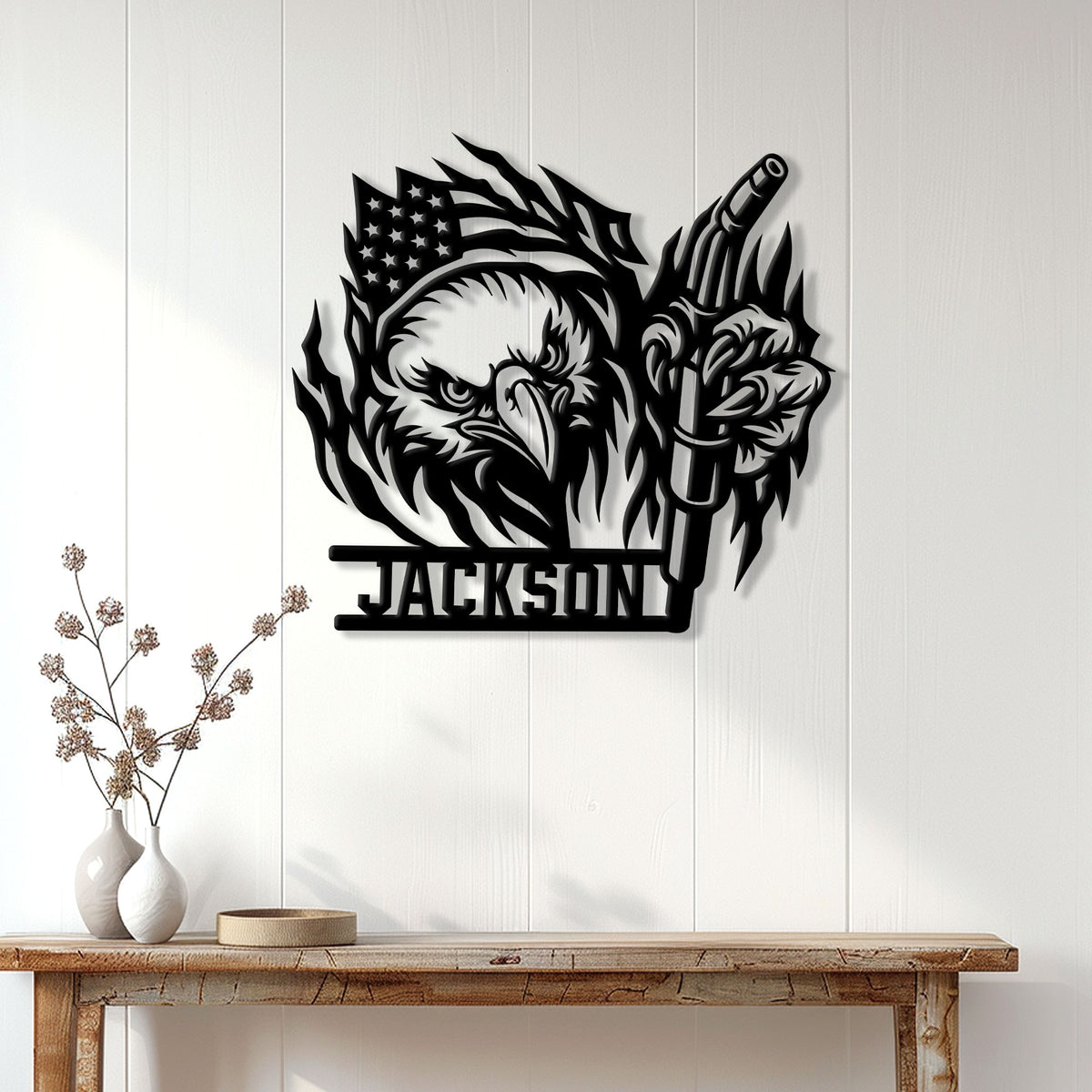 Patriotic welder metal sign displayed on a light wood wall as bold garage or workshop decor