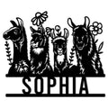 Black alpaca family metal sign featuring four floral-accented alpacas in a bold silhouette design