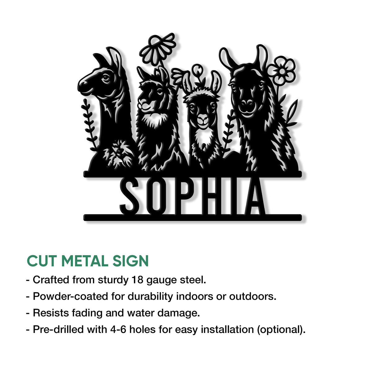 Alpaca family metal sign shown as a cut steel wall decor design with a bold black silhouette